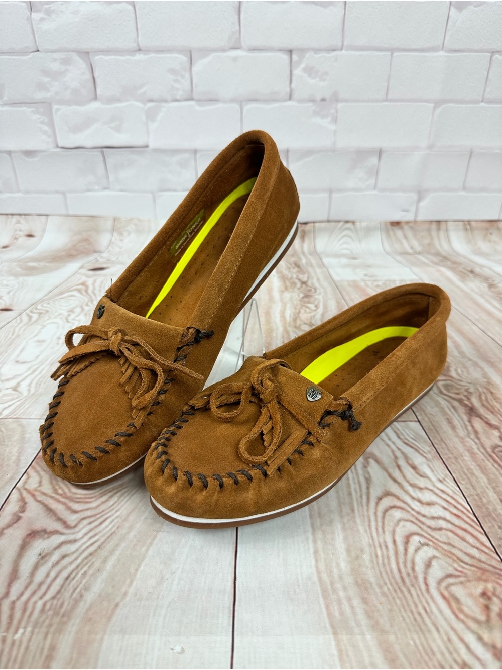 Minnetonka Chestnut Suede Moccasin Loafers with Neon Insole